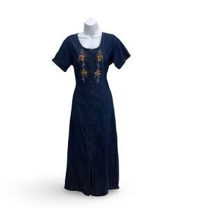 Vintage T&R Denims Maxi Floral Embroidered Denim Dress